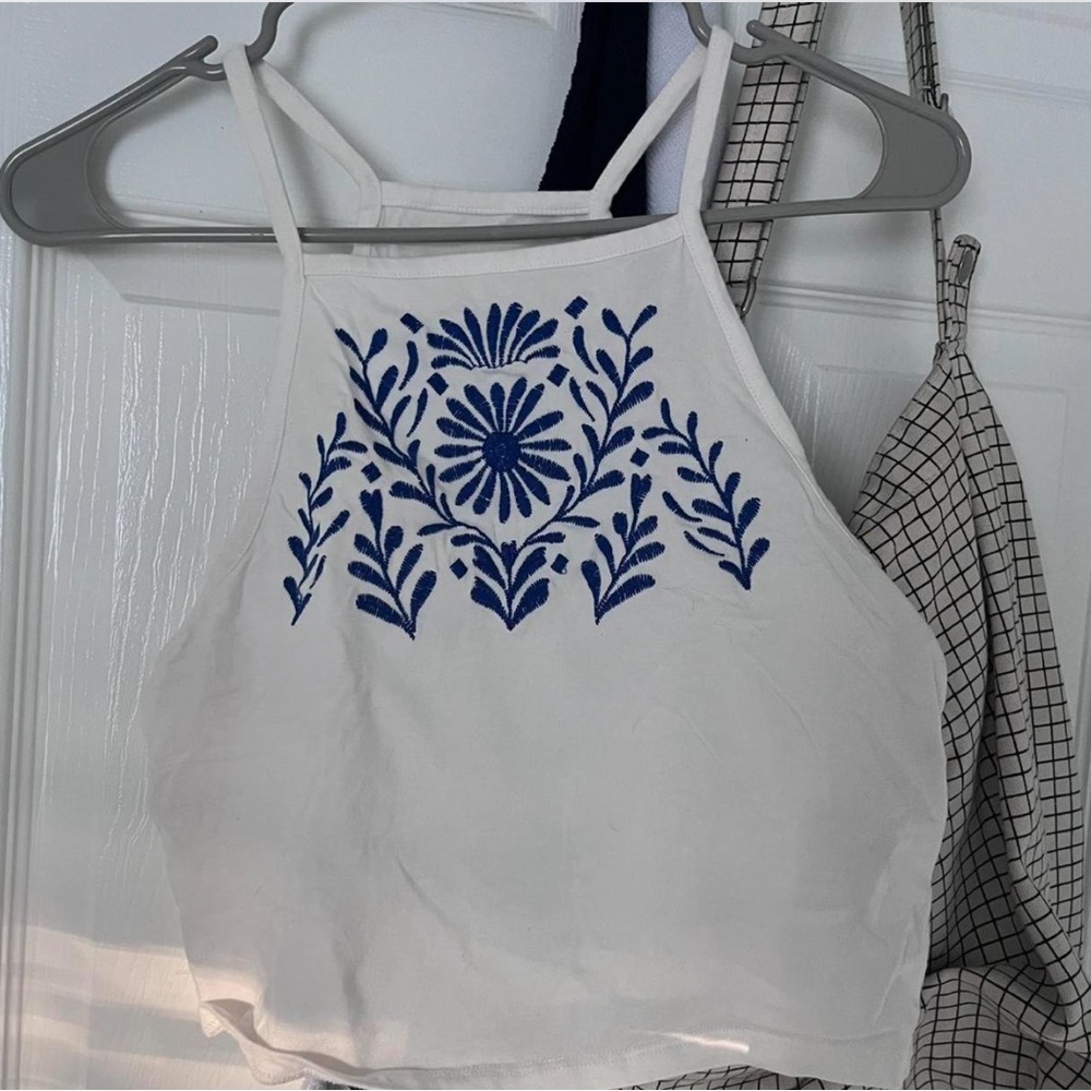 White and Blue Embroidered Halter Top
